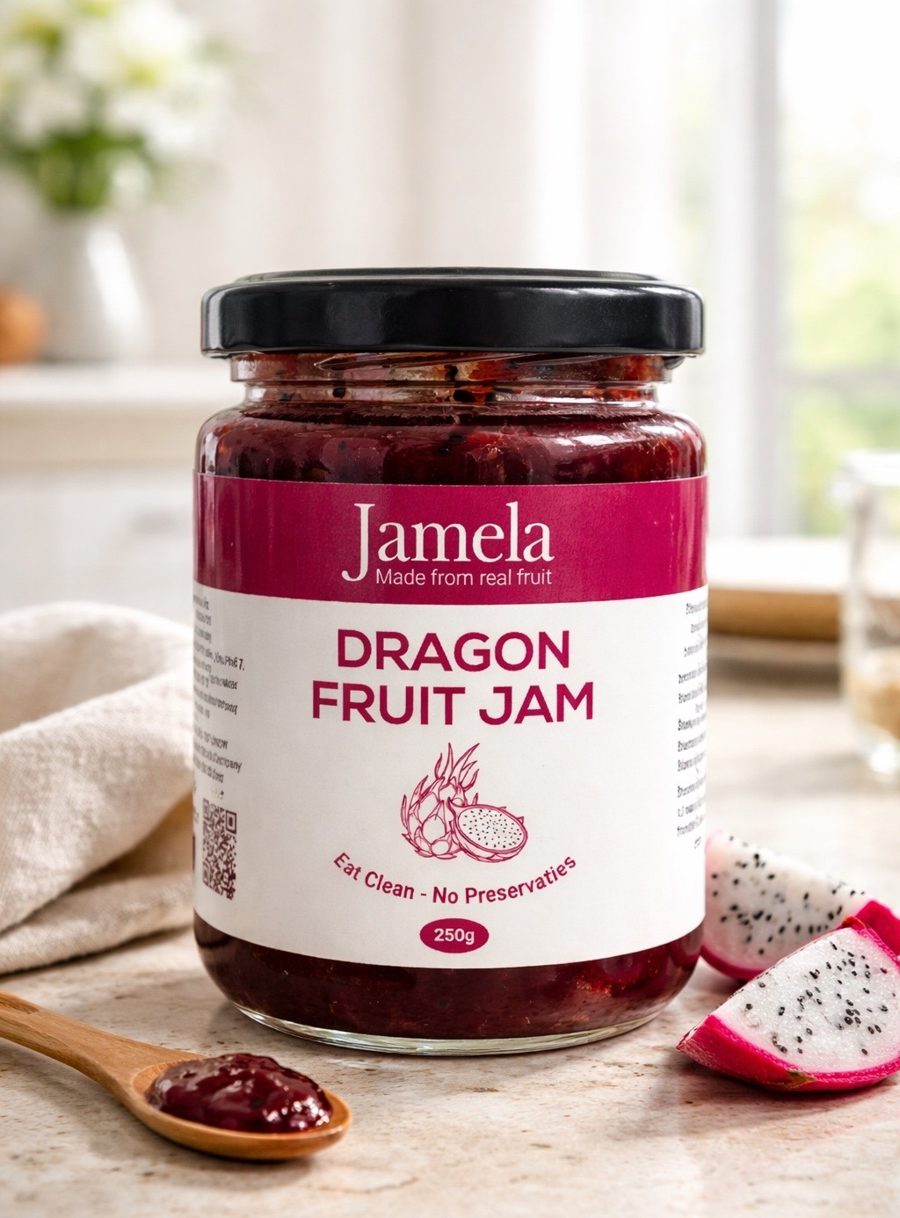 Hũ mứt thanh long đỏ Jamela 250g, cạnh trái thanh long tươi